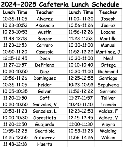 Cafeteria Schedule